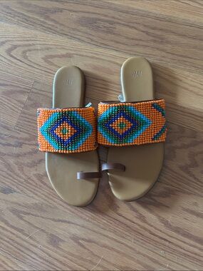 H&M Orange Beaded Slide Sandals with Multicolor Diamond Pattern